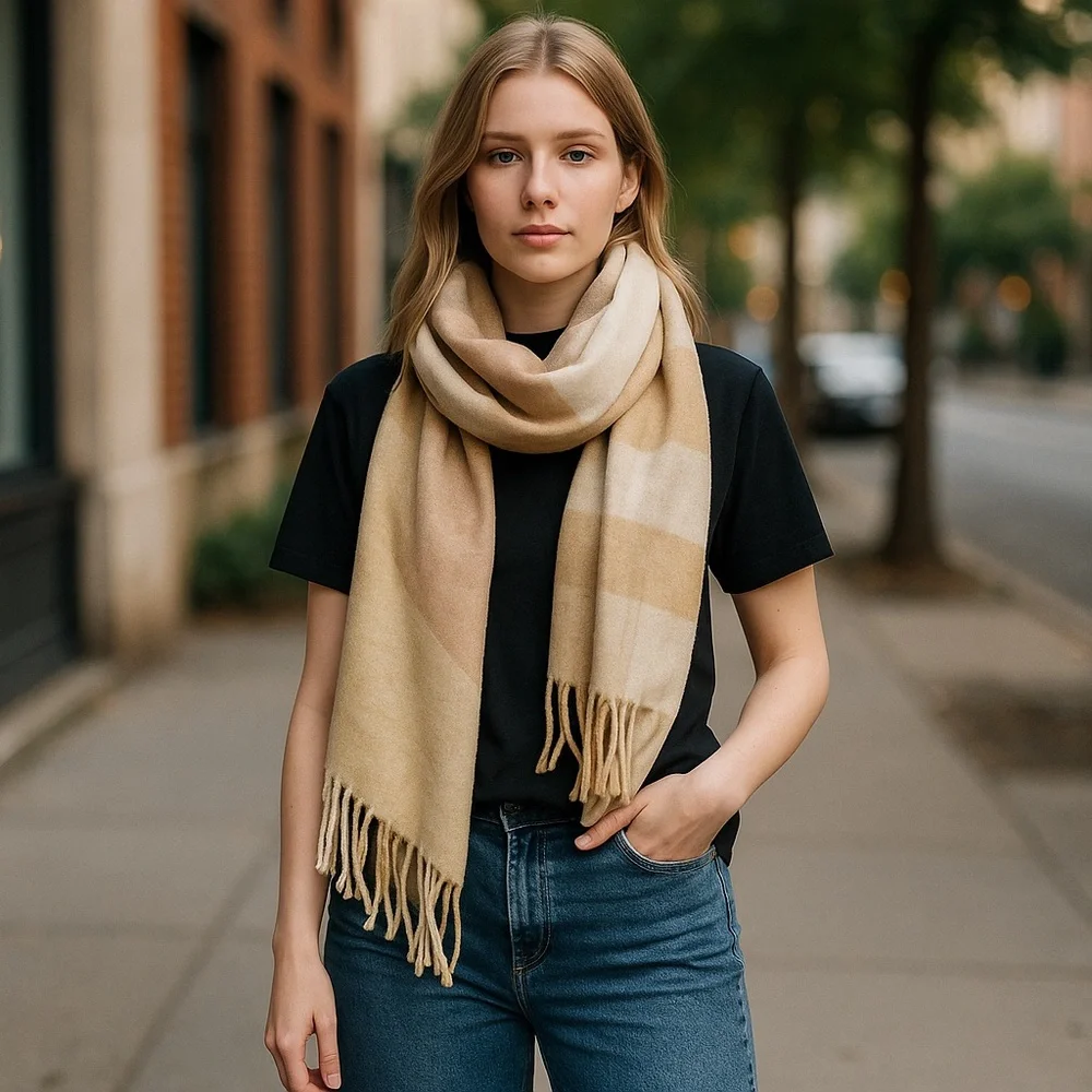 NWOT BY ANTHROPOLOGIE Elegant Beige and White PASTEL Fringe  Blanket Scarf